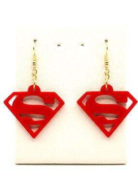 New Handmade Red S925 Sterling Silver 3D Printed Superman Dangle Drop Earrings